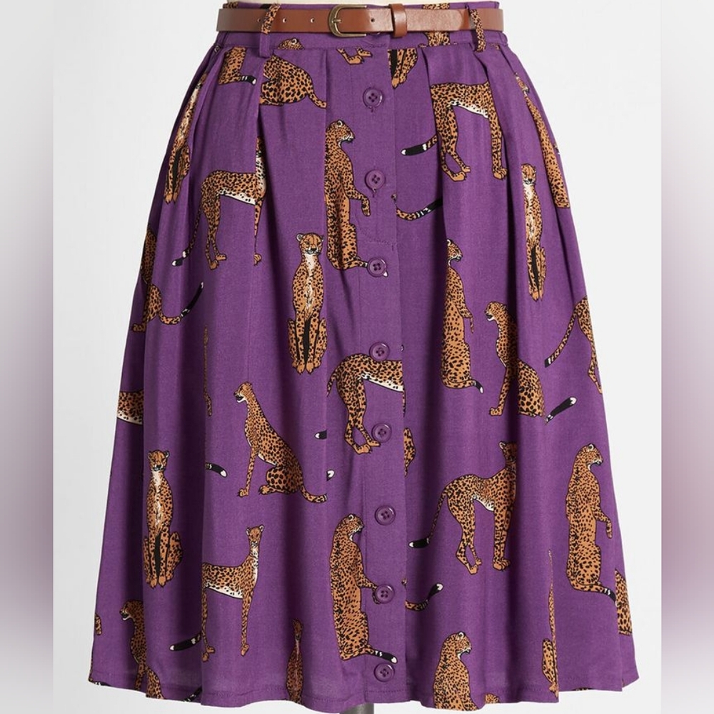 Purple Leopard Print Button-Front A-Line Skirt